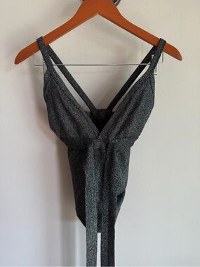 Animale Brazil Metallic Glitter Bodysuit Medium V-Neck Sleeveless Tie Front Top